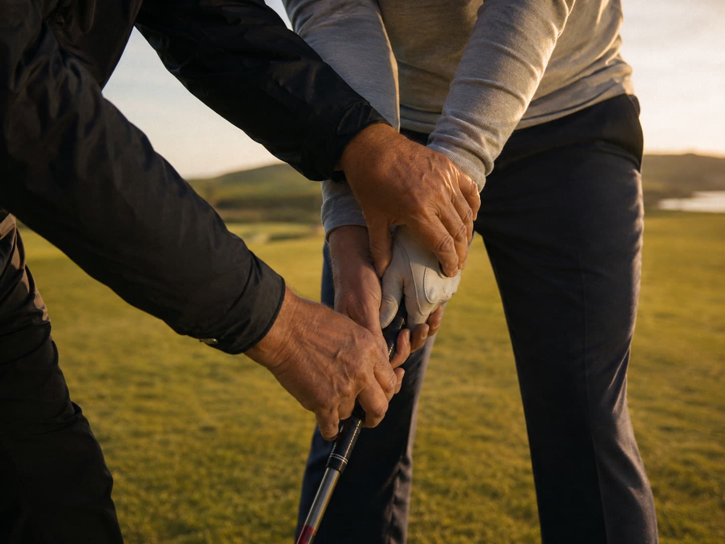 A coach's hands gently adjusting a beginner's grip on a golf club